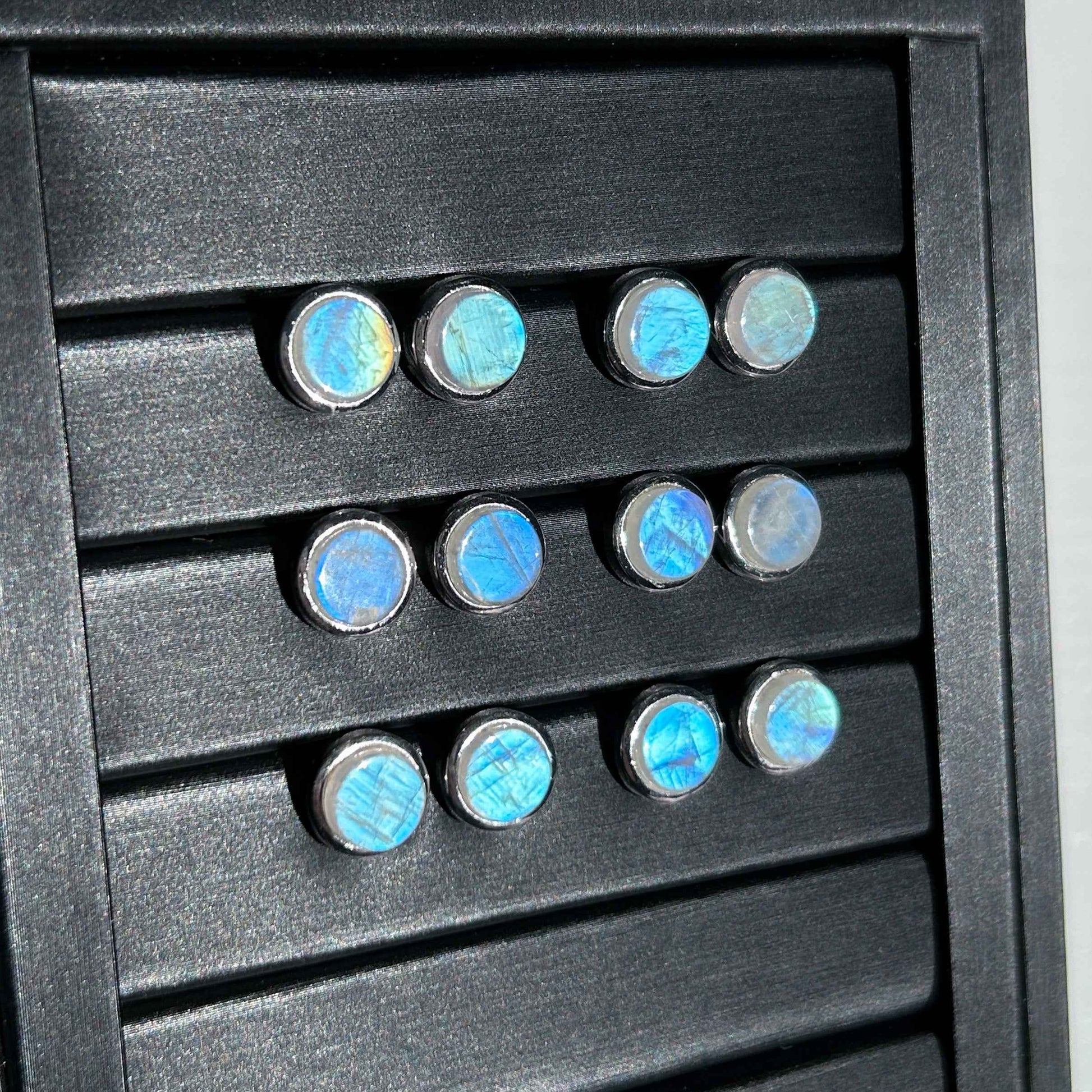 High Quality Rainbow Blue Moonstone Stud Earrings in 925 Sterling Silver