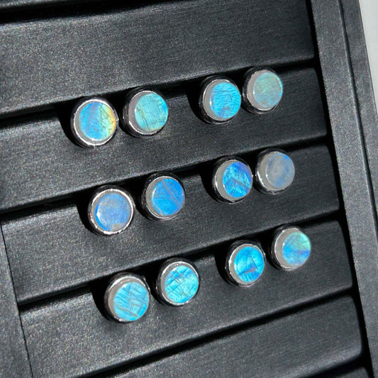 High Quality Rainbow Blue Moonstone Stud Earrings in 925 Sterling Silver