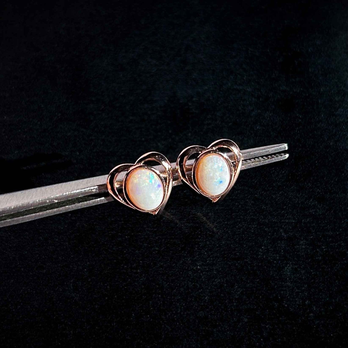 Rare High Quality Australian White Opal Stud Earrings in Rose Gold Filled 925 Sterling Silver