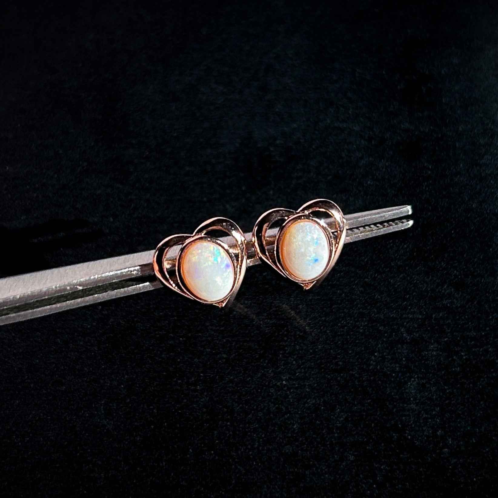 Rare High Quality Australian White Opal Stud Earrings in Rose Gold Filled 925 Sterling Silver
