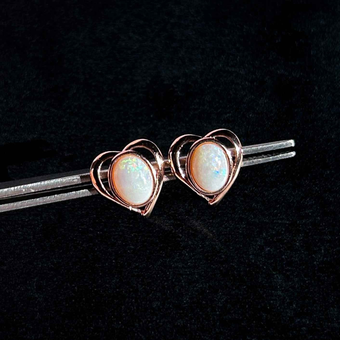 Rare High Quality Australian White Opal Stud Earrings in Rose Gold Filled 925 Sterling Silver