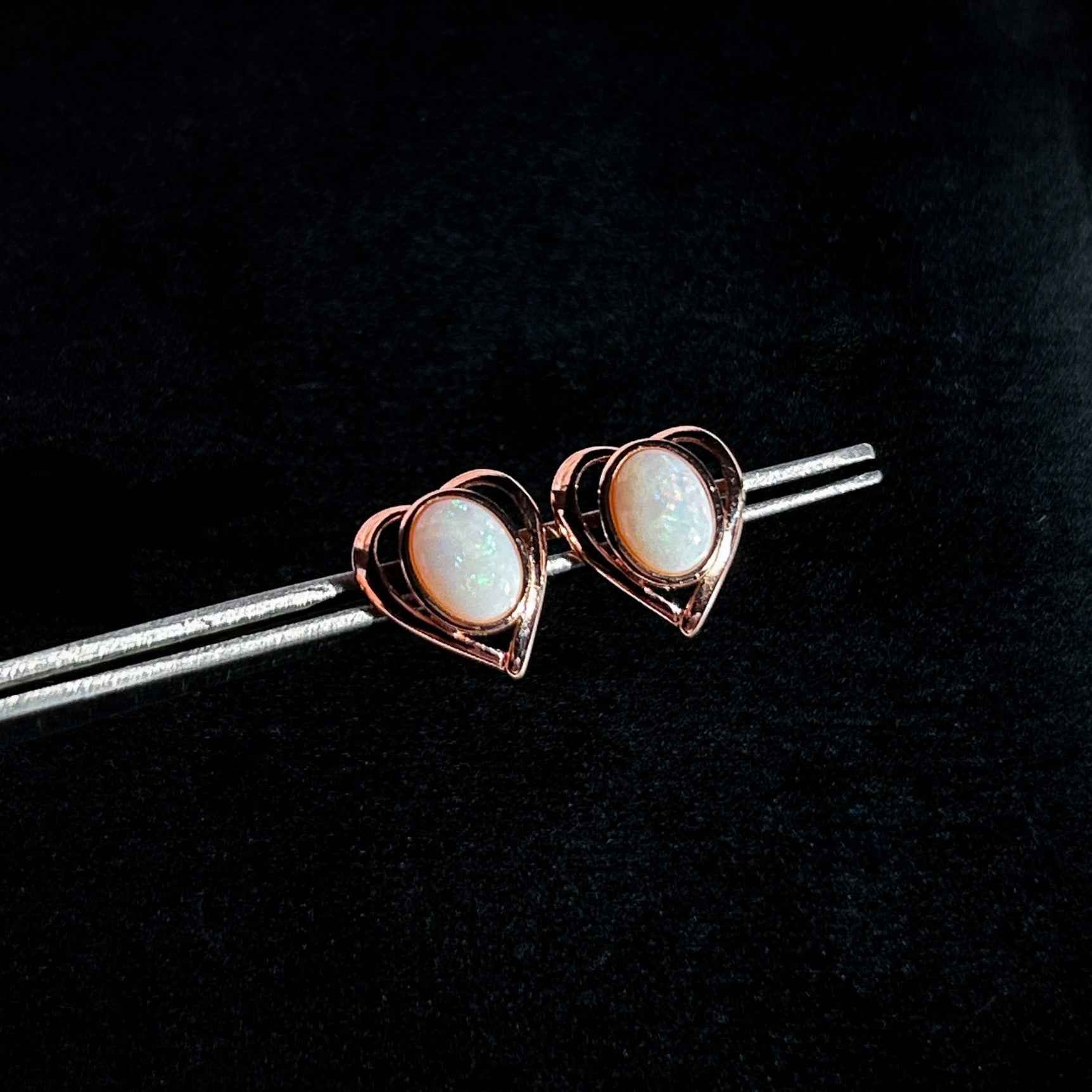 Rare High Quality Australian White Opal Stud Earrings in Rose Gold Filled 925 Sterling Silver