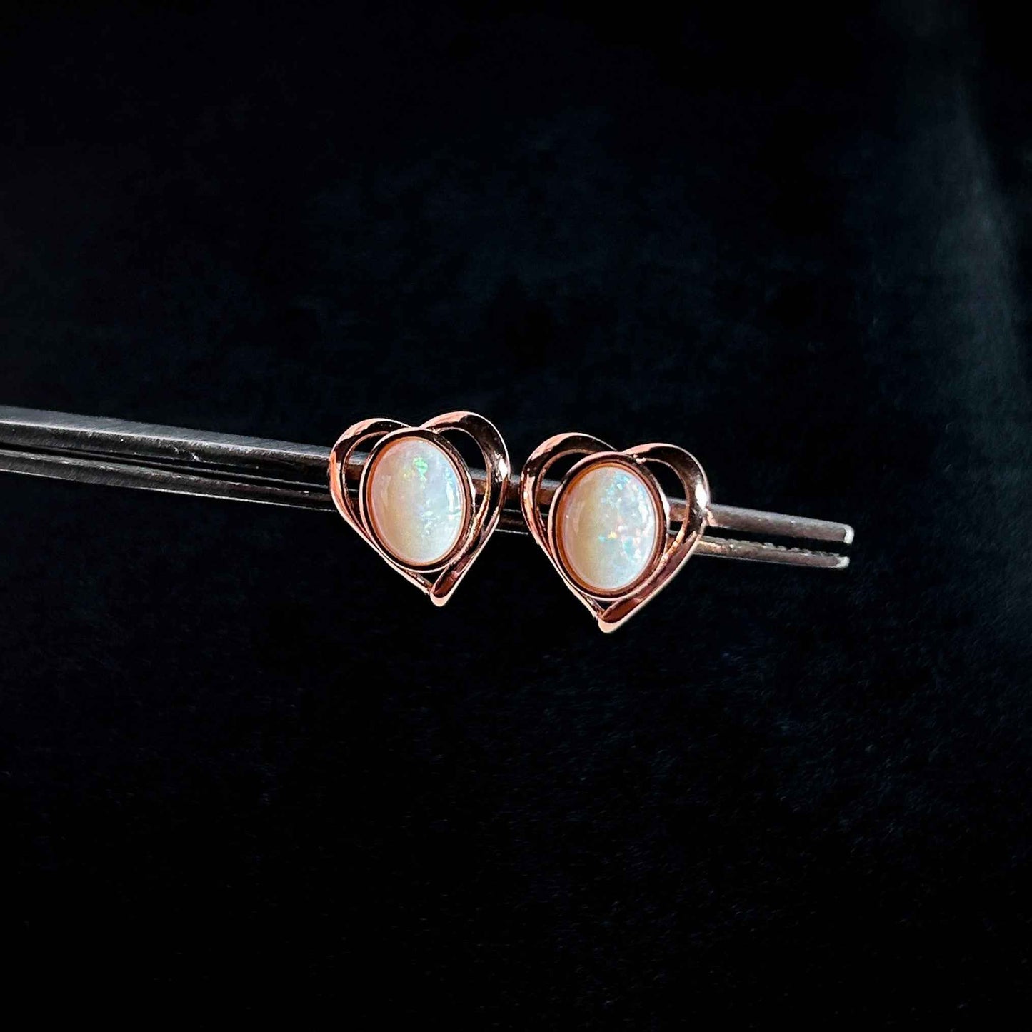 Rare High Quality Australian White Opal Stud Earrings in Rose Gold Filled 925 Sterling Silver