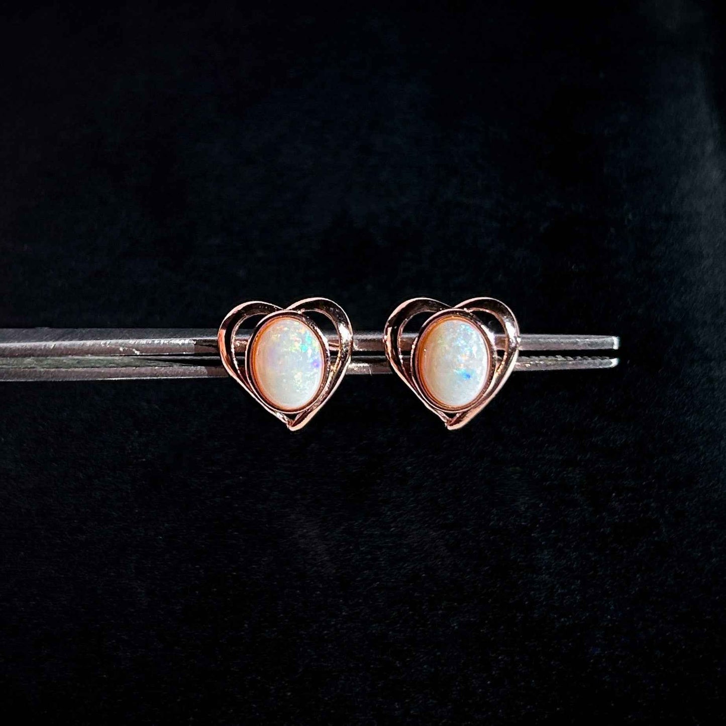 Rare High Quality Australian White Opal Stud Earrings in Rose Gold Filled 925 Sterling Silver