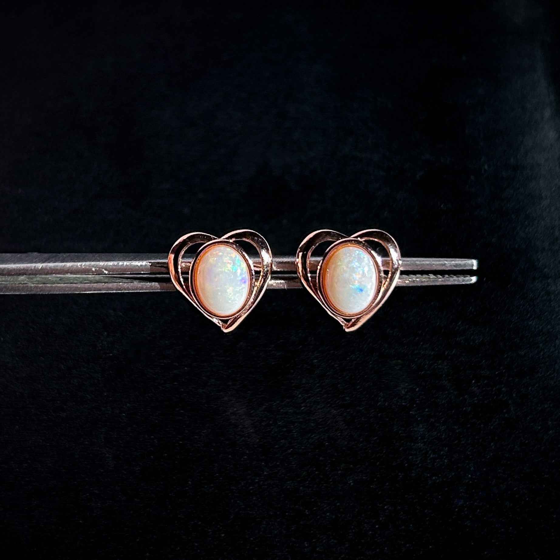 Rare High Quality Australian White Opal Stud Earrings in Rose Gold Filled 925 Sterling Silver