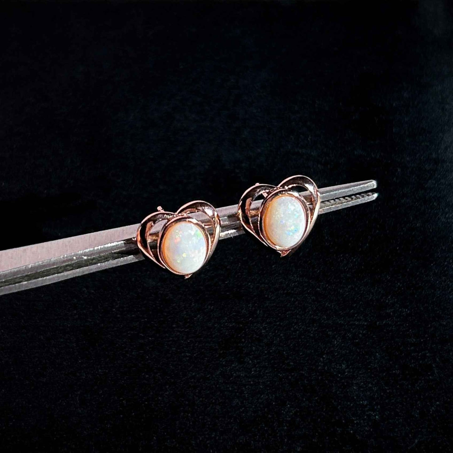 Rare High Quality Australian White Opal Stud Earrings in Rose Gold Filled 925 Sterling Silver