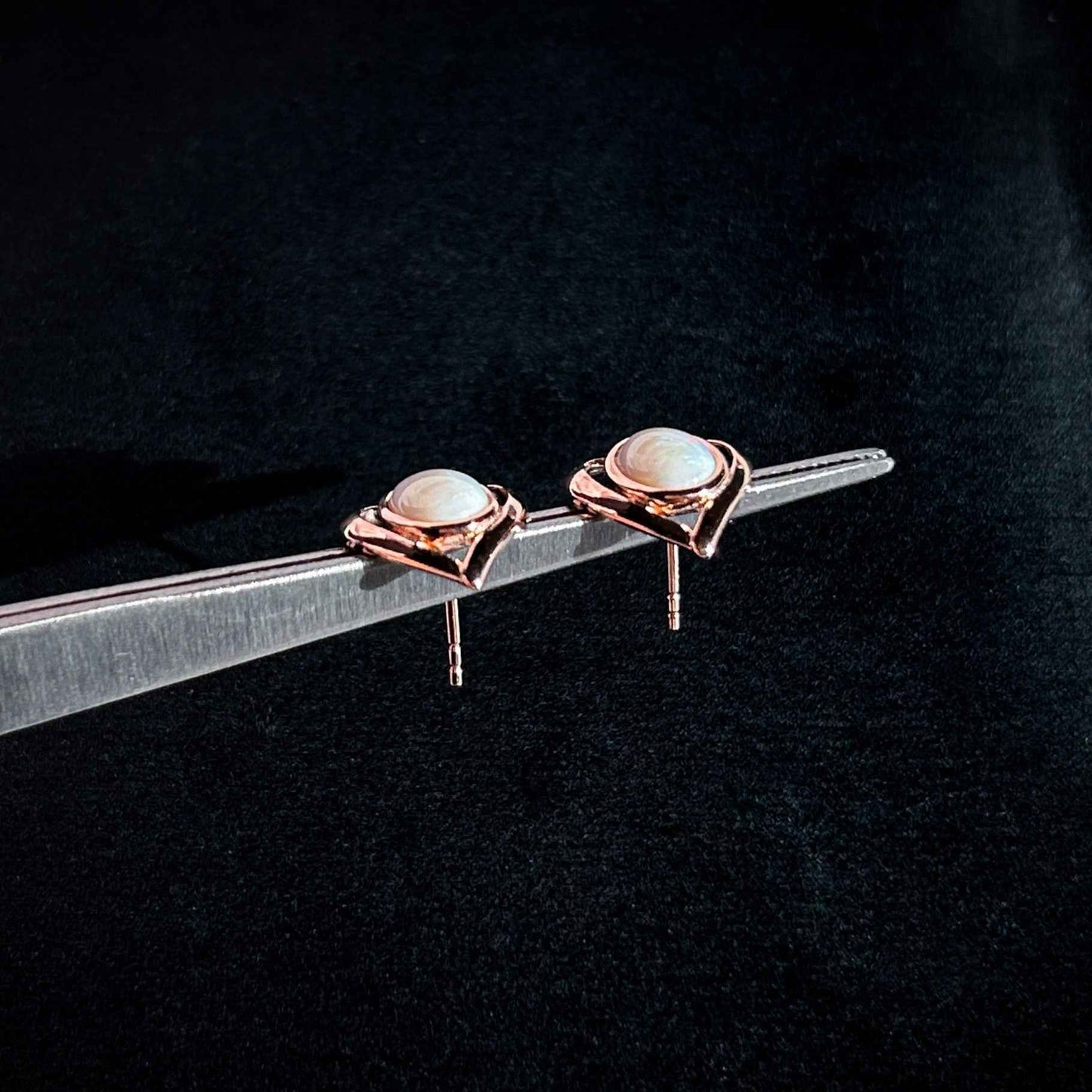 Rare High Quality Australian White Opal Stud Earrings in Rose Gold Filled 925 Sterling Silver