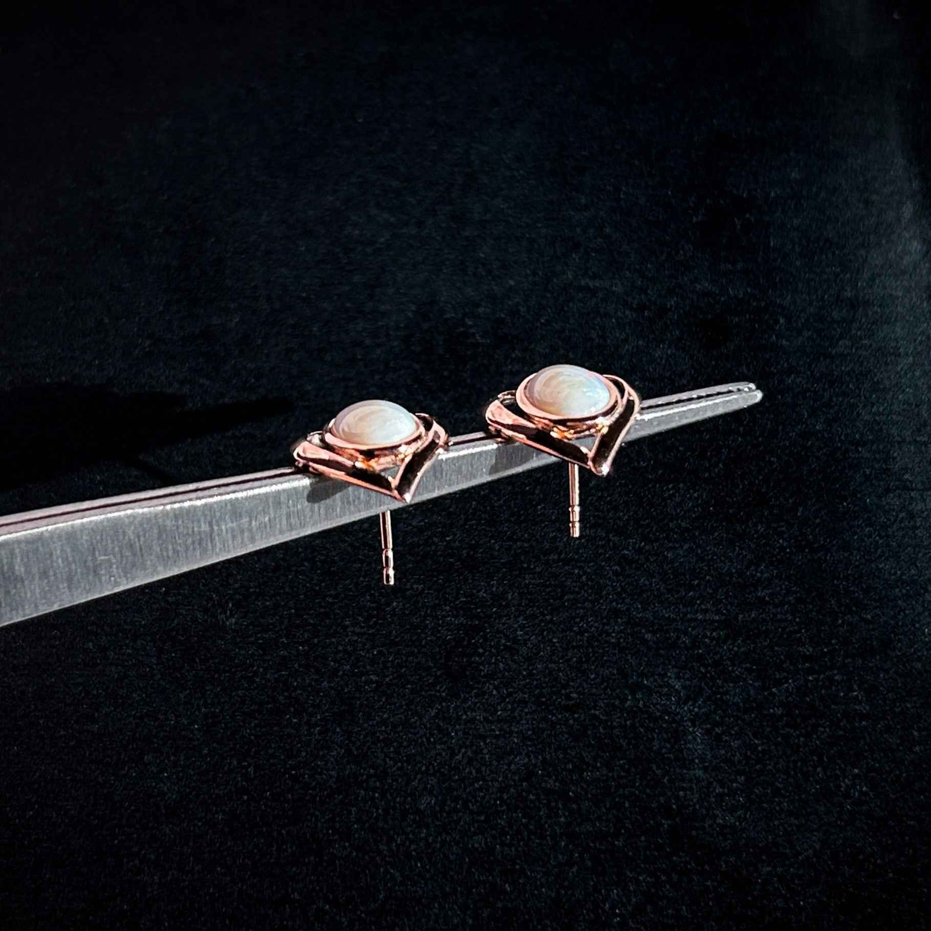 Rare High Quality Australian White Opal Stud Earrings in Rose Gold Filled 925 Sterling Silver