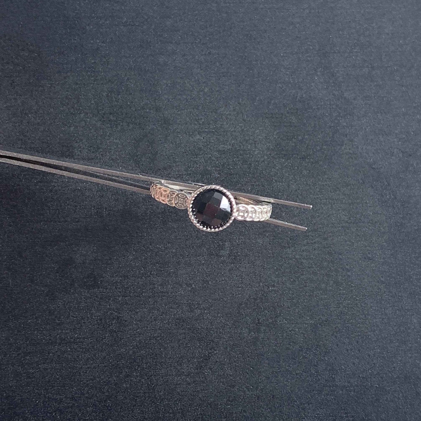 Natural Faceted Black Spinel Adjustable Silver Ring