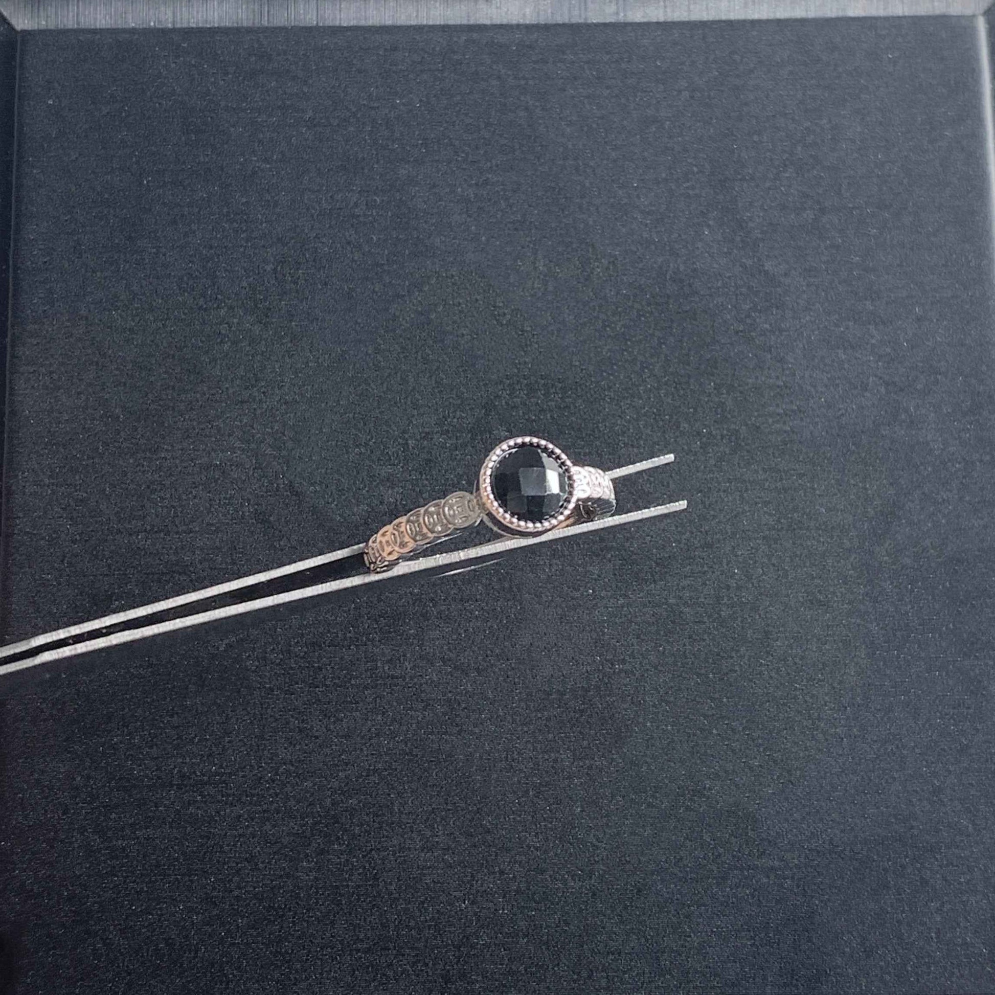 Natural Faceted Black Spinel Adjustable Silver Ring