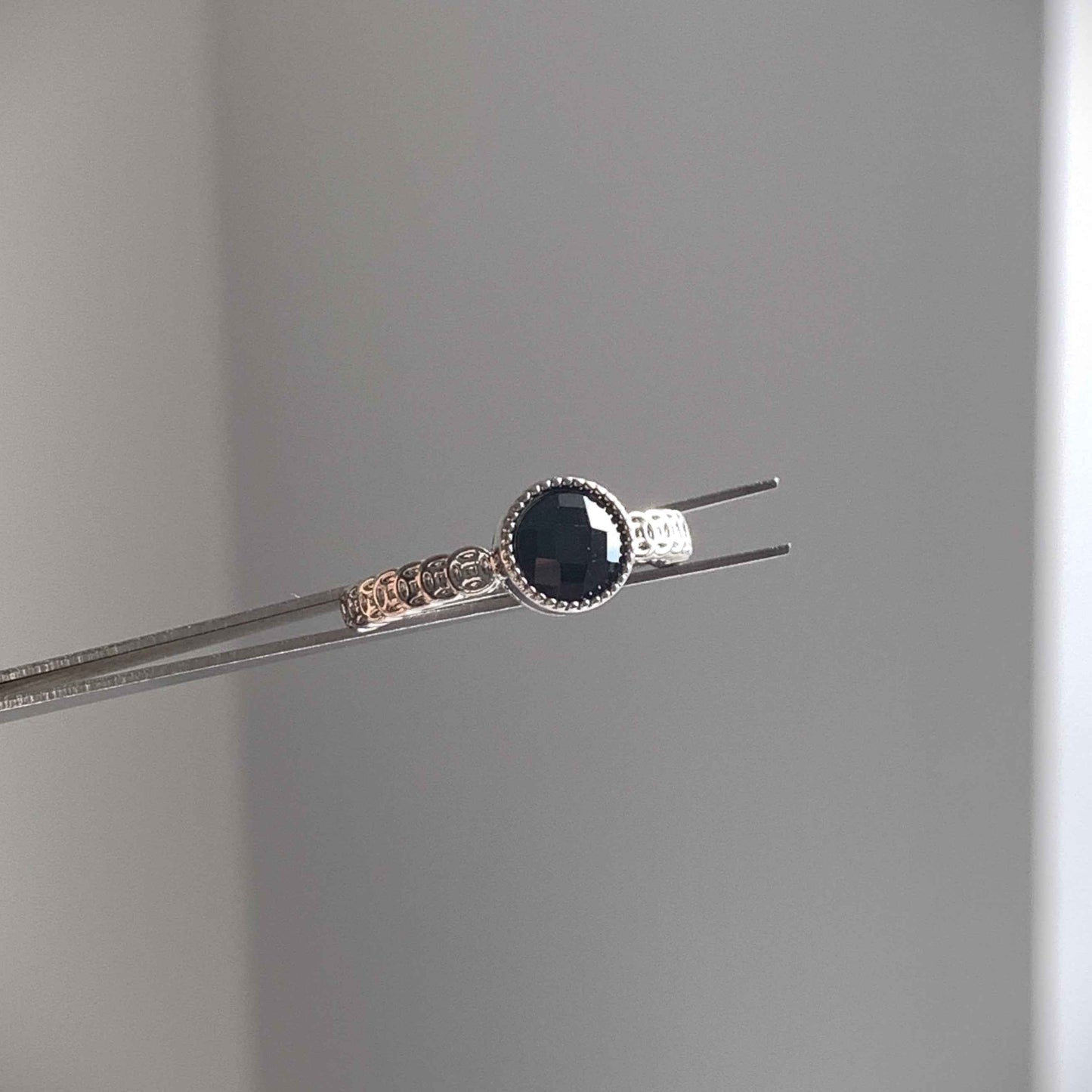 Natural Faceted Black Spinel Adjustable Silver Ring