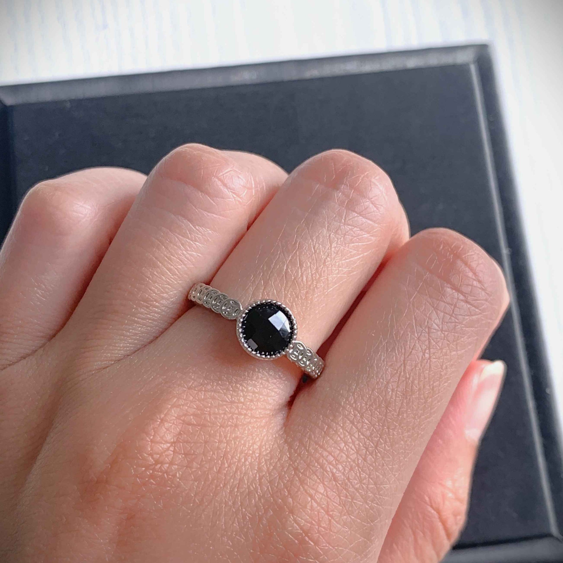 Natural Faceted Black Spinel Adjustable Silver Ring