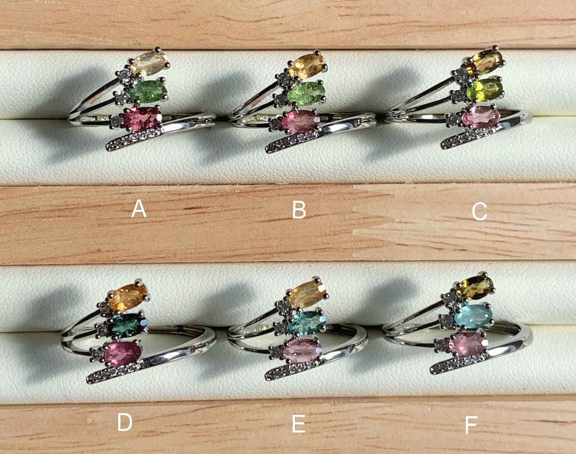 Rare Multicolour Tourmaline Adjustable Silver Ring with Zircon