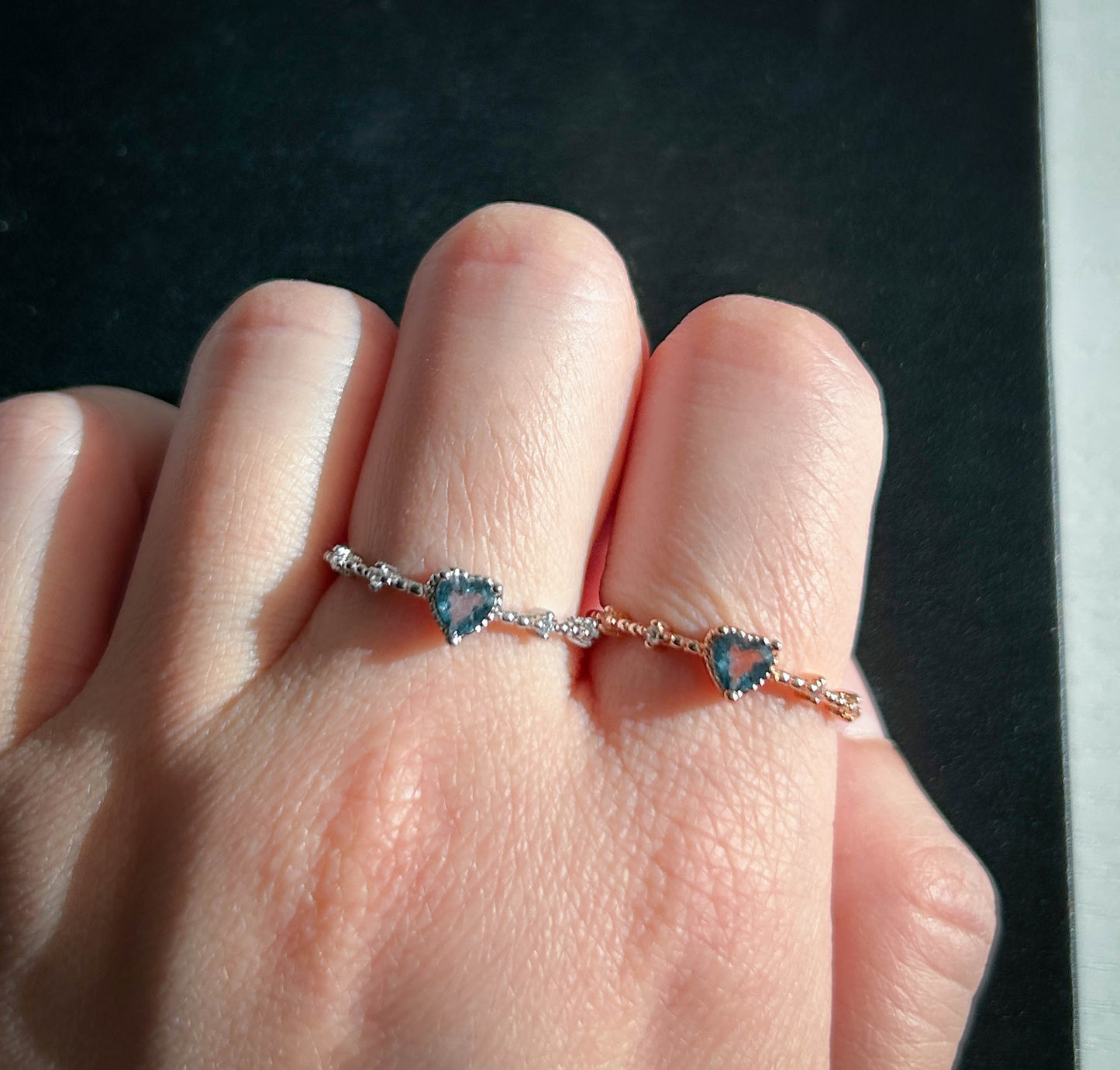 Aquamarine in Heart Adjustable Silver Rose Gold Ring