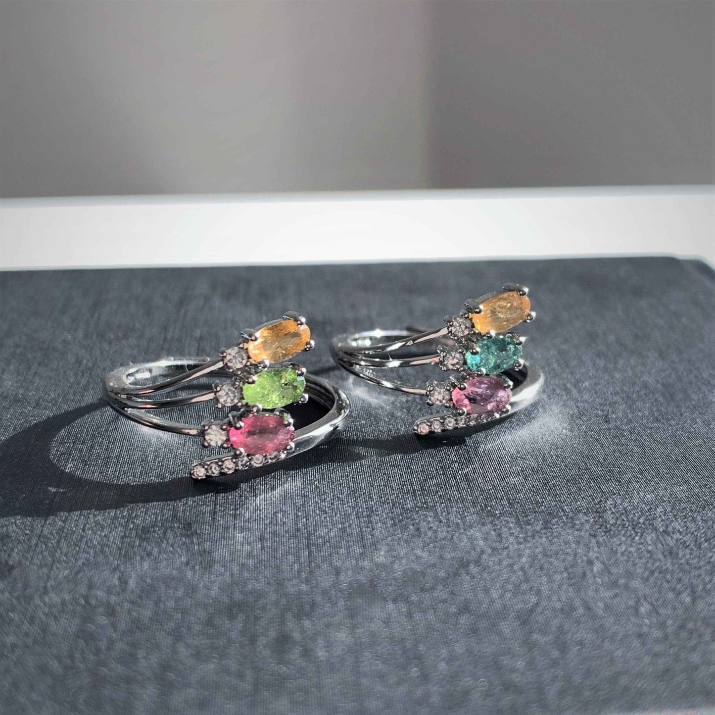 Rare Multicolour Tourmaline Adjustable Silver Ring with Zircon