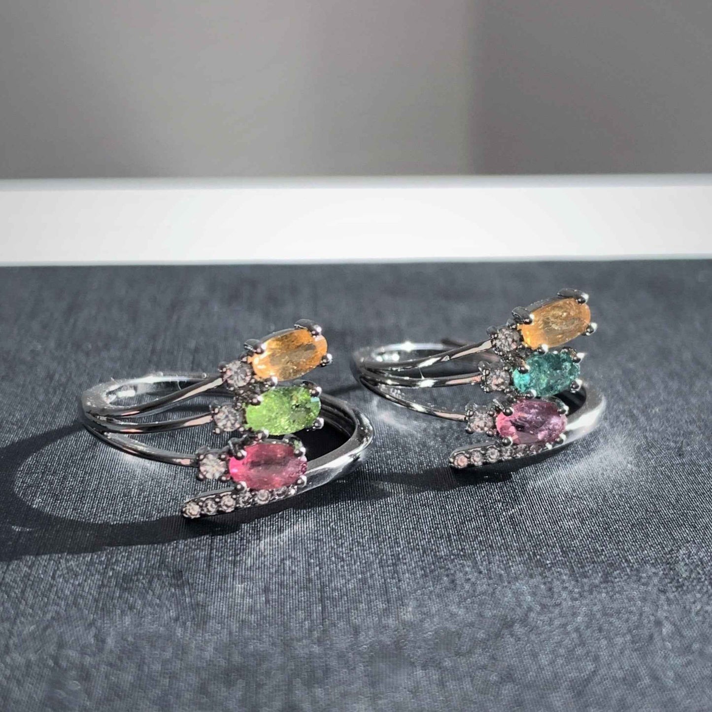 Rare Multicolour Tourmaline Adjustable Silver Ring with Zircon