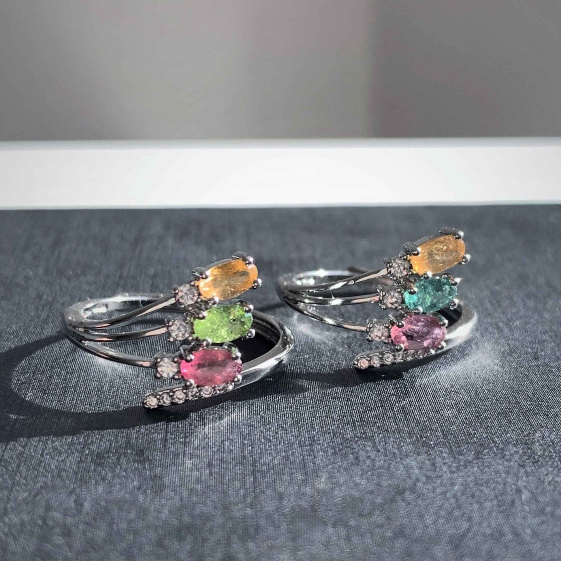 Rare Multicolour Tourmaline Adjustable Silver Ring with Zircon