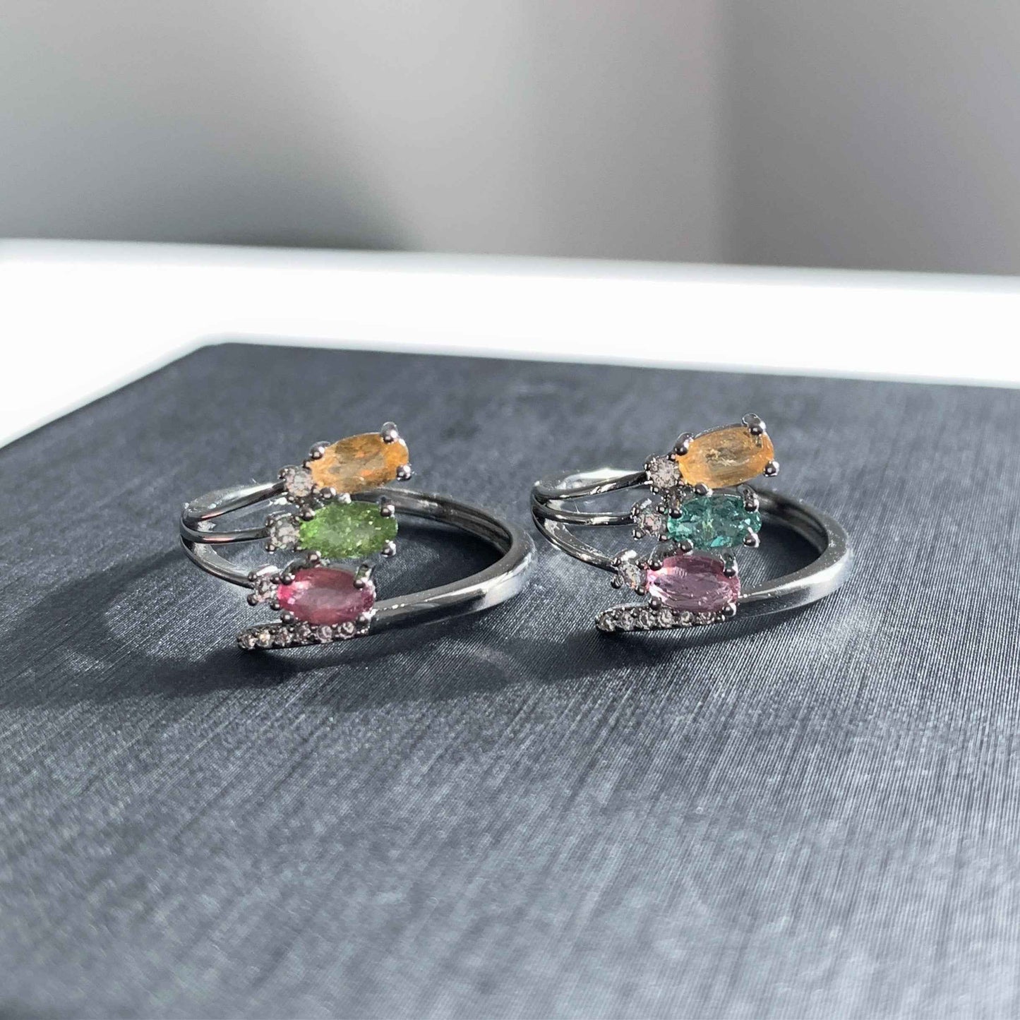 Rare Multicolour Tourmaline Adjustable Silver Ring with Zircon