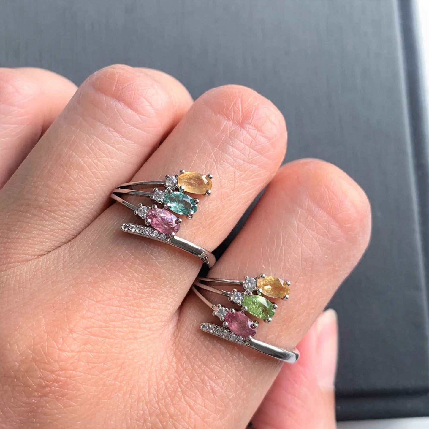 Rare Multicolour Tourmaline Adjustable Silver Ring with Zircon