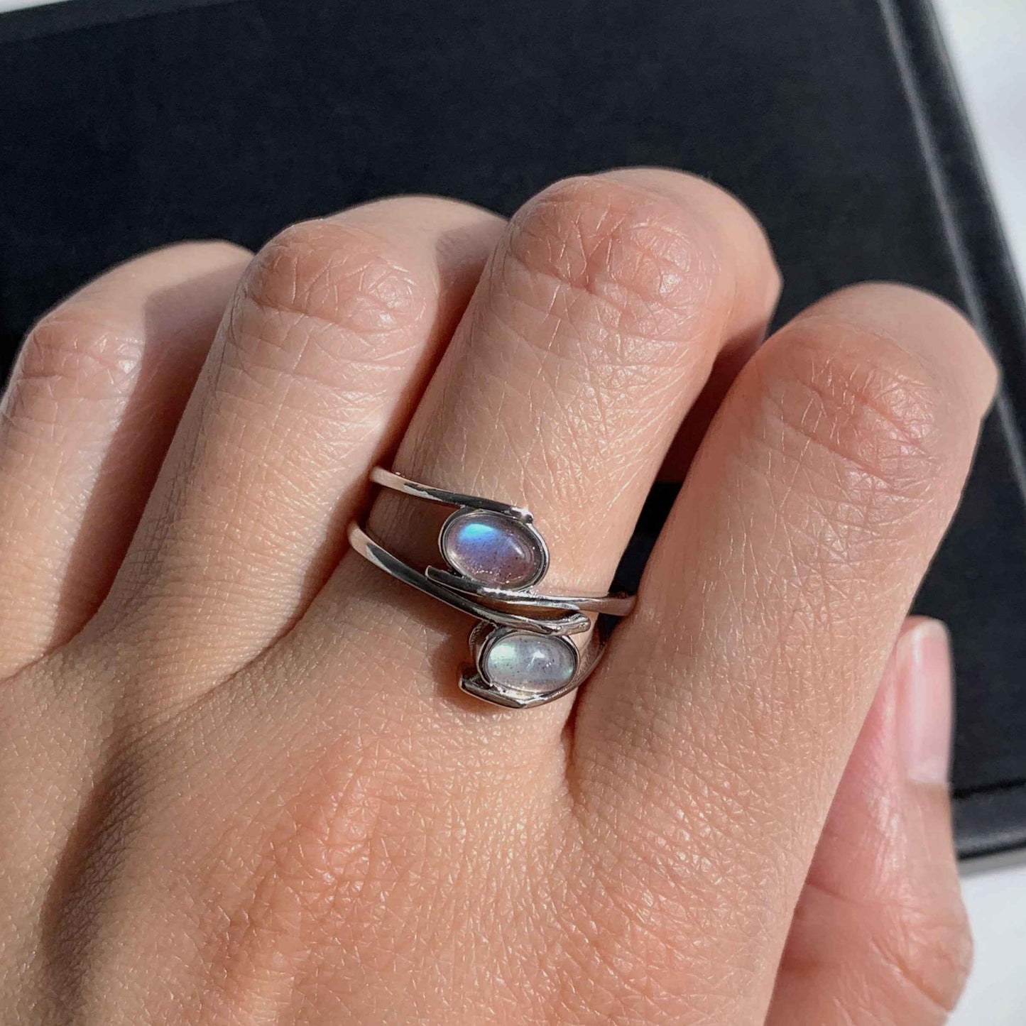 Blue & Yellow Labradorite Adjustable Silver Ring