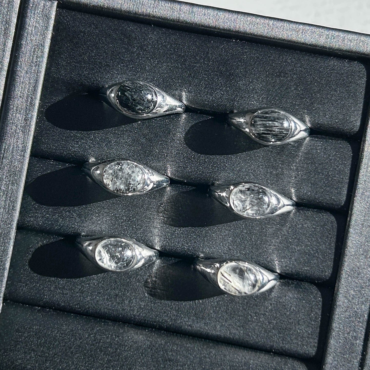 Rare Black Rutilated Quartz Adjustable Silver Ring