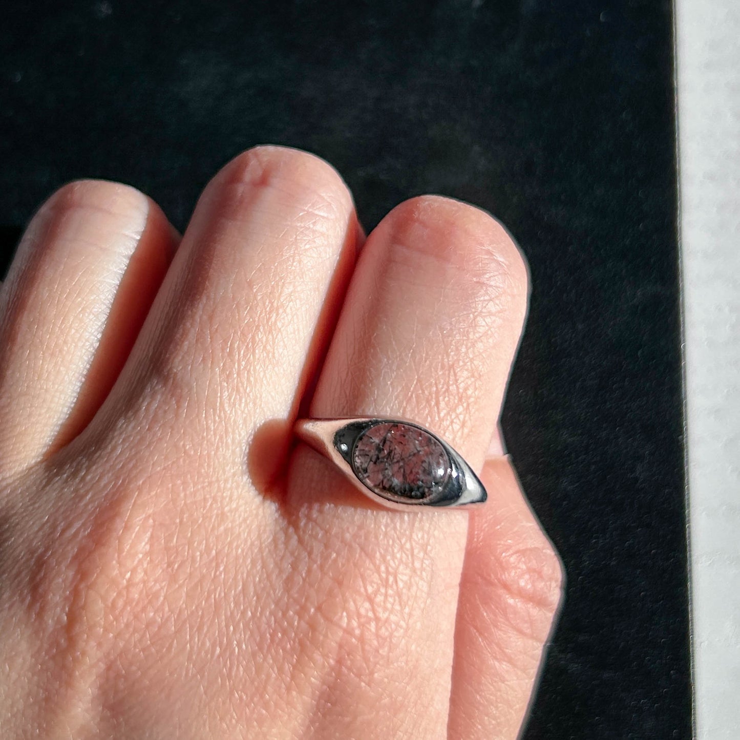 Rare Black Rutilated Quartz Adjustable Silver Ring