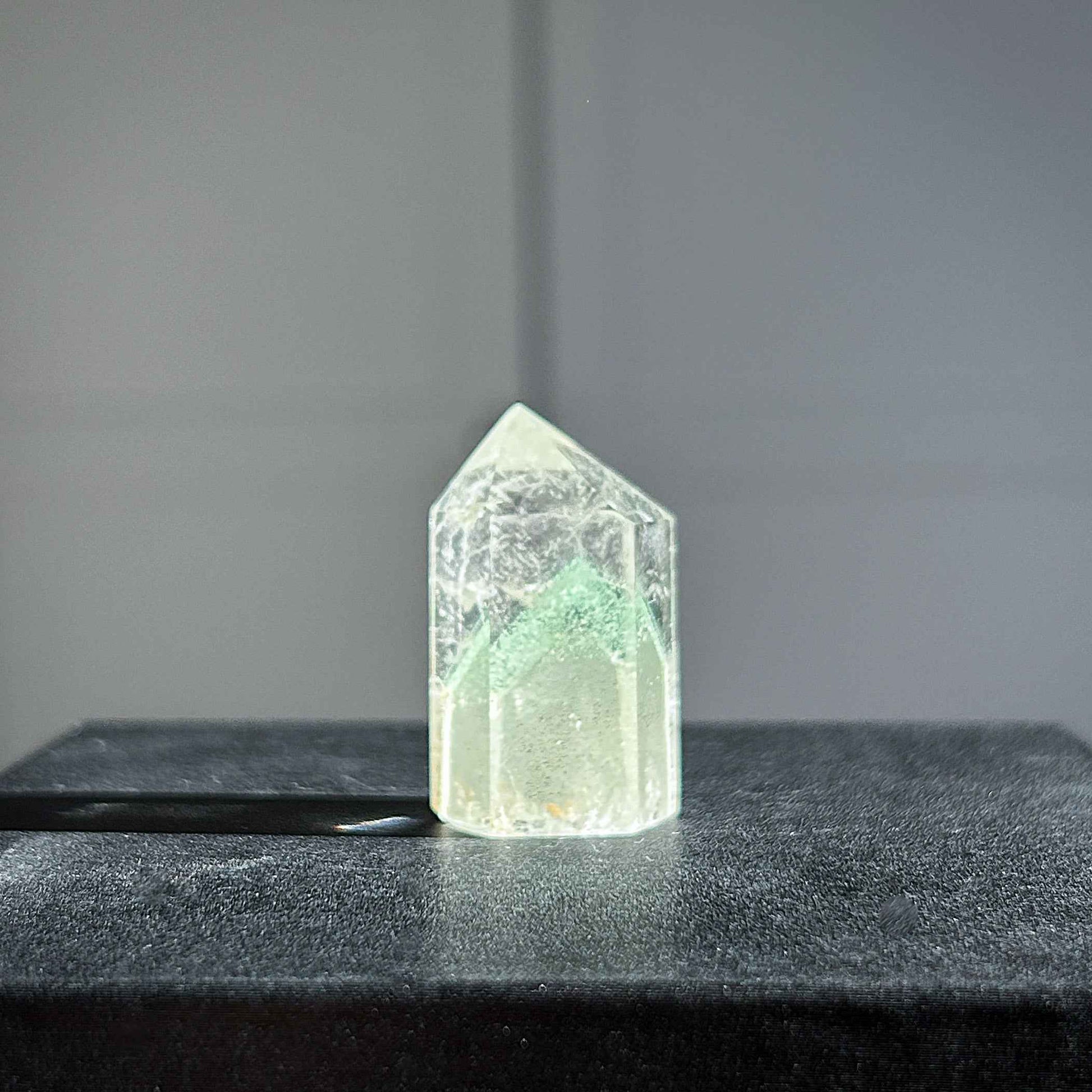 Rare Natural Green Phantom Quartz in Pyramid Pattern Points Standing Stone