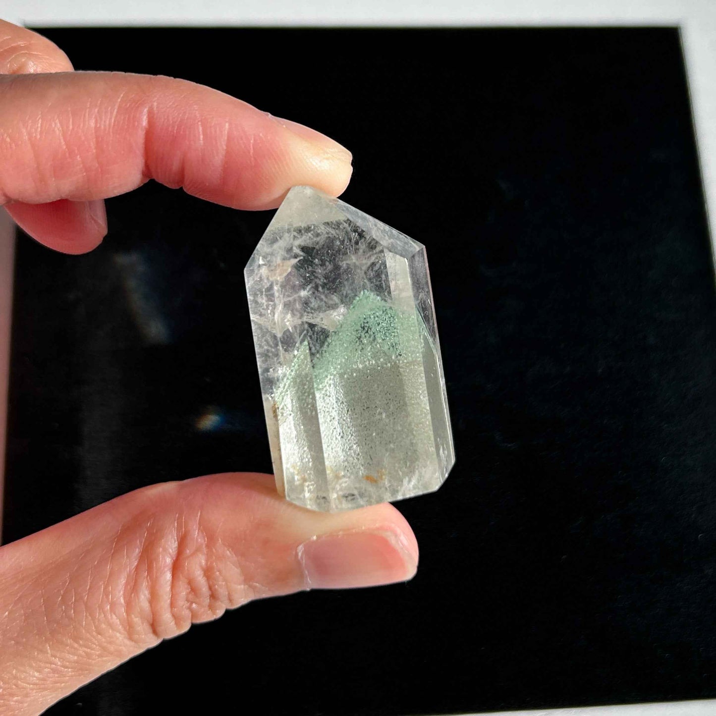 Rare Natural Green Phantom Quartz in Pyramid Pattern Points Standing Stone