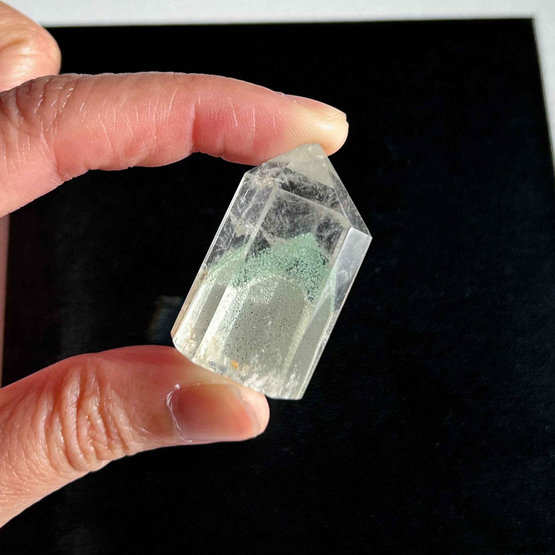 Rare Natural Green Phantom Quartz in Pyramid Pattern Points Standing Stone