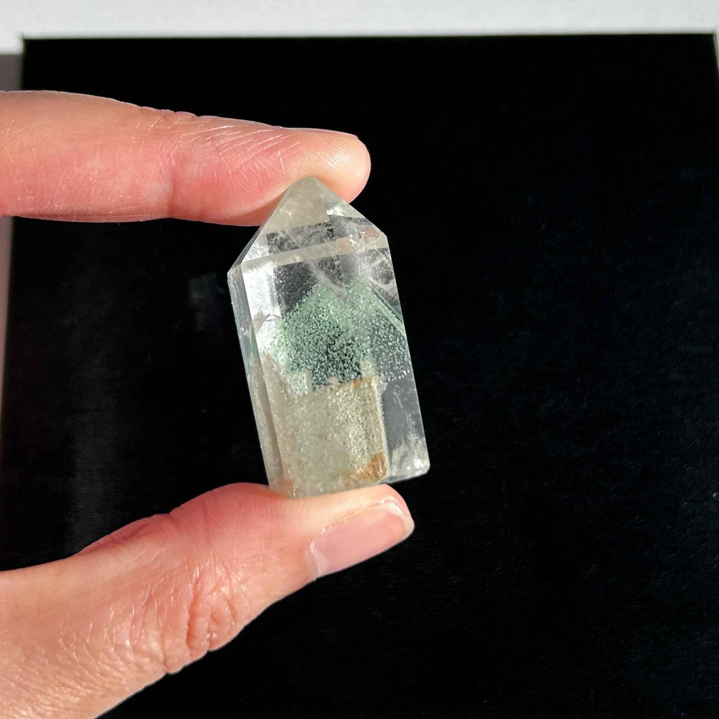 Rare Natural Green Phantom Quartz in Pyramid Pattern Points Standing Stone