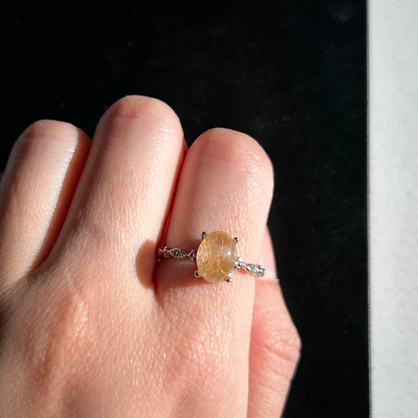 Rare High Quality Golden Rutilated Quartz Adjustable Silver Ring