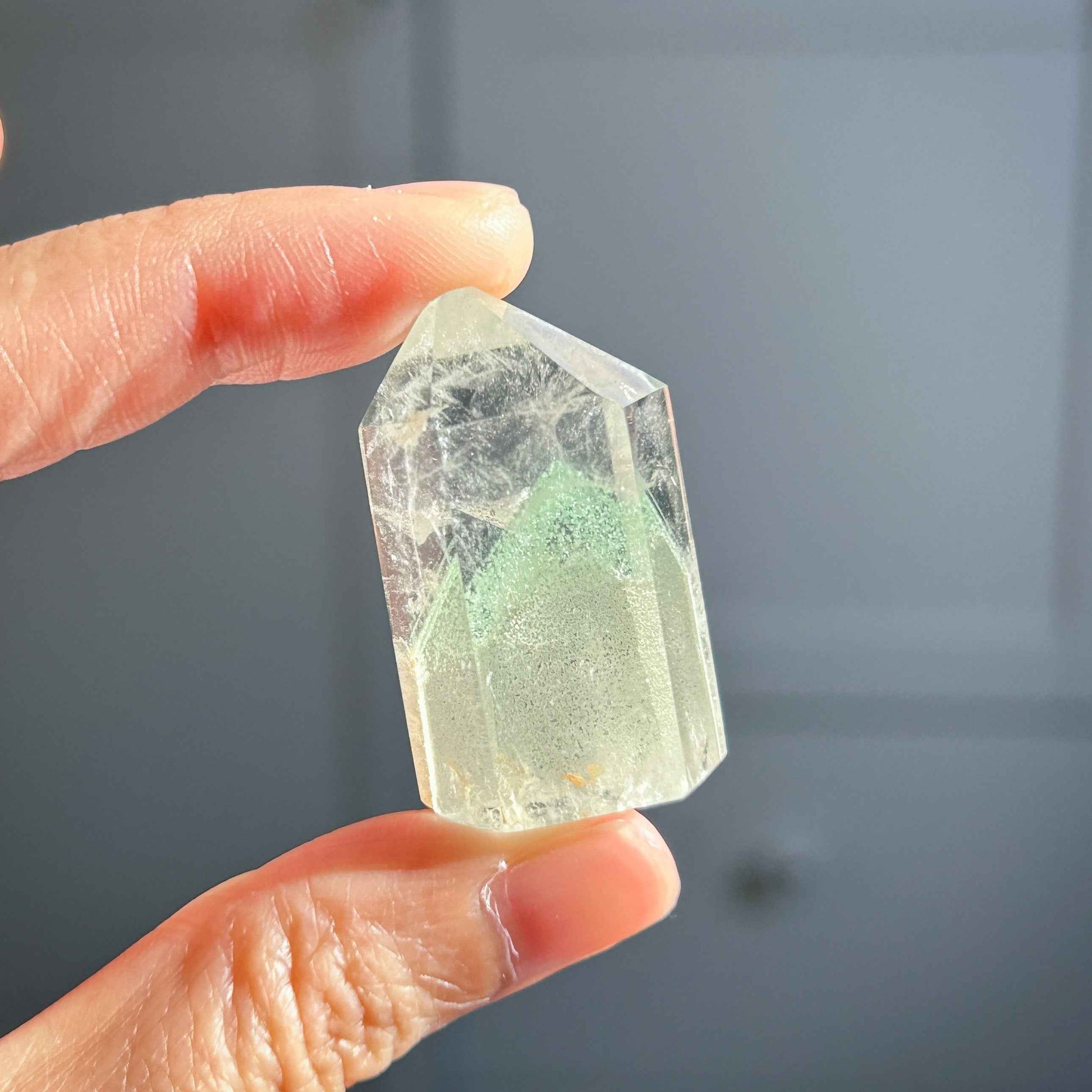 Rare Natural Green Phantom Quartz in Pyramid Pattern Points Standing Stone